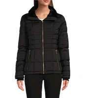 Donna Karan Quilted Faux Fur Hooded Long Sleeve Water Resistant Puffer Coat