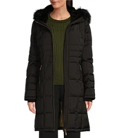 Donna Karan Quilted Puffer Faux Fur Hooded Zip Front Walker Coat