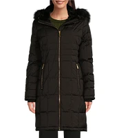 Donna Karan Quilted Puffer Faux Fur Hooded Zip Front Walker Coat