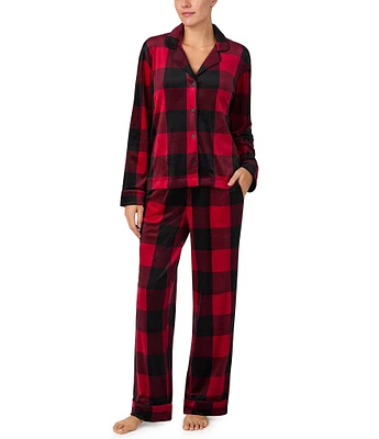 Donna Karan Red Plaid Print Long Sleeve Notch Collar Pant Pajama Set