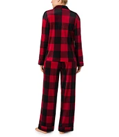 Donna Karan Red Plaid Print Long Sleeve Notch Collar Pant Pajama Set