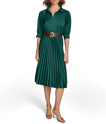 Donna Karan Satin 3/4 Sleeve Pleated Skirt Button Front Belted Dress