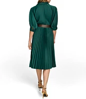 Donna Karan Satin 3/4 Sleeve Pleated Skirt Button Front Belted Dress