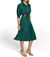 Donna Karan Satin 3/4 Sleeve Pleated Skirt Button Front Belted Dress