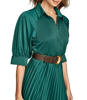 Donna Karan Satin 3/4 Sleeve Pleated Skirt Button Front Belted Dress