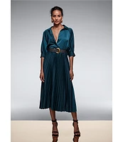 Donna Karan Satin 3/4 Sleeve Pleated Skirt Button Front Belted Dress