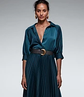 Donna Karan Satin 3/4 Sleeve Pleated Skirt Button Front Belted Dress