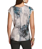 Donna Karan Satin Back Crepe V-Neck Cap Abstract Print Sleeve Top