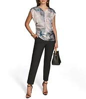 Donna Karan Satin Back Crepe V-Neck Cap Abstract Print Sleeve Top