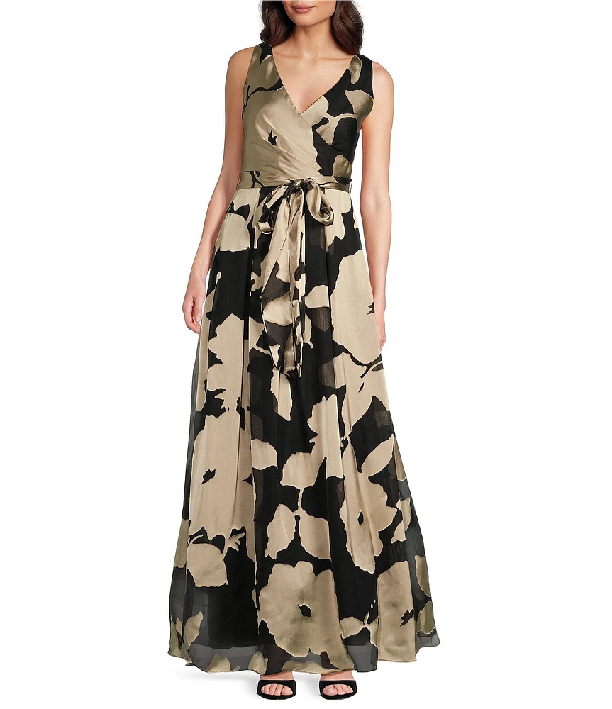 Donna Karan Satin Burnout V-Neck Sleeveless Tie Sash Ball Gown