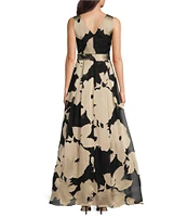 Donna Karan Satin Burnout V-Neck Sleeveless Tie Sash Ball Gown