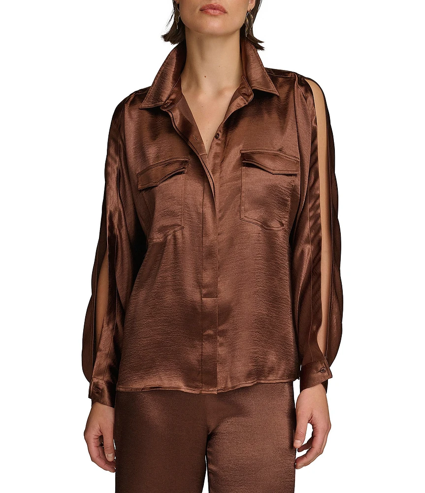 Donna Karan Satin Collared Neckline Cold Shoulder Long Sleeve Blouse