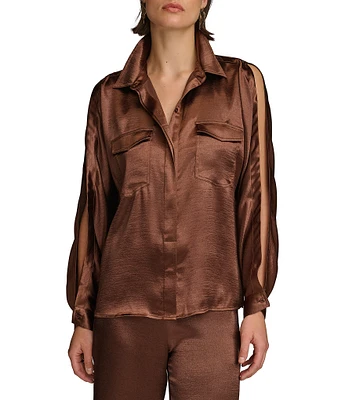 Donna Karan Satin Collared Neckline Cold Shoulder Long Sleeve Blouse