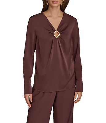 Donna Karan Satin Gold Hardware Keyhole V-Neck Long Sleeve Top