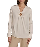 Donna Karan Satin Gold Hardware Keyhole V-Neck Long Sleeve Top