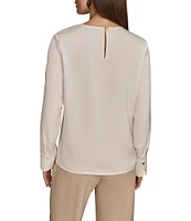 Donna Karan Satin Gold Hardware Keyhole V-Neck Long Sleeve Top