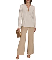 Donna Karan Satin Gold Hardware Keyhole V-Neck Long Sleeve Top