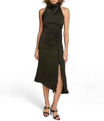 Donna Karan Satin Mock Neck Sleeveless Side Ruched Sheath Dress