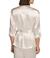 Donna Karan Satin Notch Lapel Collar Flap Pocket Roll Tab Long Sleeve Belted Coordinating Jacket