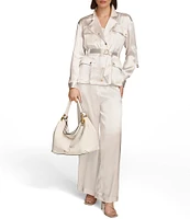 Donna Karan Satin Notch Lapel Collar Flap Pocket Roll Tab Long Sleeve Belted Coordinating Jacket