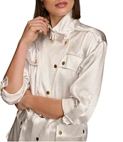 Donna Karan Satin Notch Lapel Collar Flap Pocket Roll Tab Long Sleeve Belted Coordinating Jacket