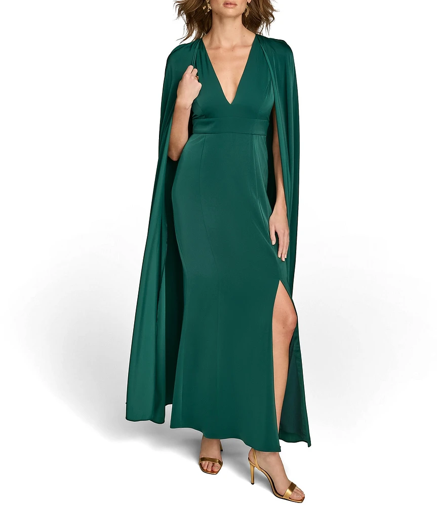 Donna Karan Satin Plunge V-Neck Cape A-Line Gown