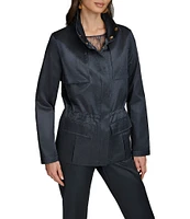 Donna Karan Satin Stand Collar Long Sleeve Cinched Waist Snap Front Short Trench Coat