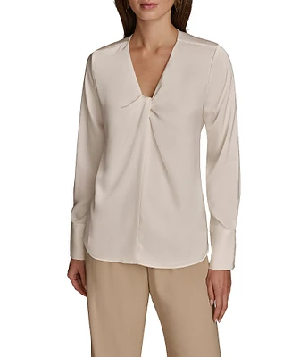 Donna Karan Satin Twist-Front V-Neck Long Sleeve Blouse