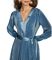 Donna Karan Satin V-Neck Long Sleeve Tie Sash Sheath Dress