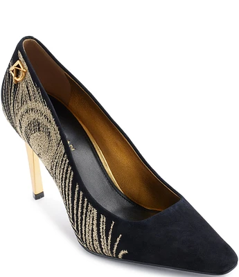 Donna Karan Savita High Suede Embroidered Peacock Pumps