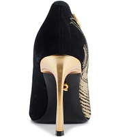 Donna Karan Savita High Suede Embroidered Peacock Pumps