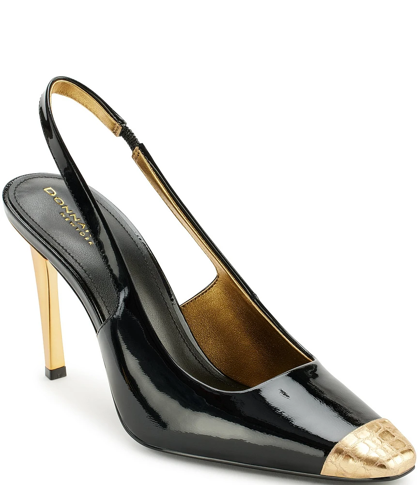 Donna Karan Savita Patent Leather Embossed Cap Toe Sling Pumps