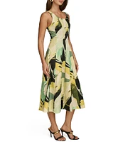 Donna Karan Scoop Neck Sleeveless Fit and Flare Cotton Sateen Midi Dress