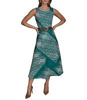 Donna Karan Scuba Boat Neck Sleeveless Belted Midi A-Line Dress
