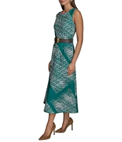 Donna Karan Scuba Boat Neck Sleeveless Belted Midi A-Line Dress