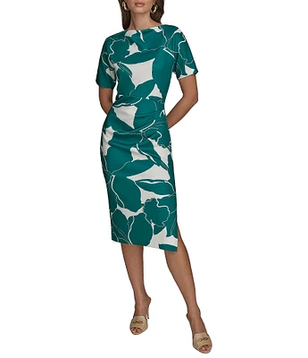 Donna Karan Scuba Boatneck Short Sleeve Midi Sheath Dress