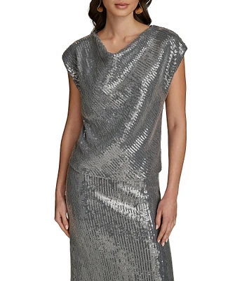 Donna Karan Sequin Cowl Neck Cap Sleeve Top