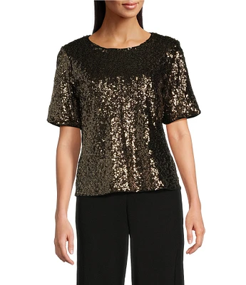 Donna Karan Sequin Crew Neck Short Sleeve Top