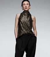 Donna Karan Sequin High Cowl Neck Sleeveless Top