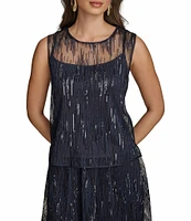 Donna Karan Sequin Mesh Crew Neck Sleeveless Top