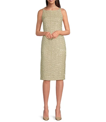 Donna Karan Coordinating Sequin Tweed Boat Neck Sleeveless Sheath Dress