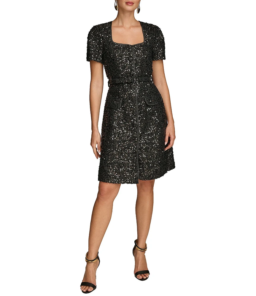 Donna Karan Sequin Tweed Square Neck Short Sleeve Belted Sheath Dress