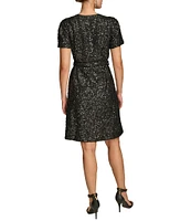 Donna Karan Sequin Tweed Square Neck Short Sleeve Belted Sheath Dress