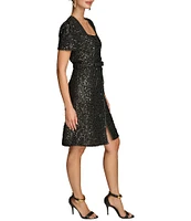 Donna Karan Sequin Tweed Square Neck Short Sleeve Belted Sheath Dress