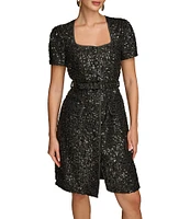 Donna Karan Sequin Tweed Square Neck Short Sleeve Belted Sheath Dress