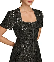 Donna Karan Sequin Tweed Square Neck Short Sleeve Belted Sheath Dress