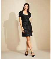 Donna Karan Sequin Tweed Square Neck Short Sleeve Belted Sheath Dress