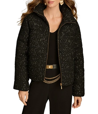 Donna Karan Sequin Tweed Stand Collar Gold Zip Jacket