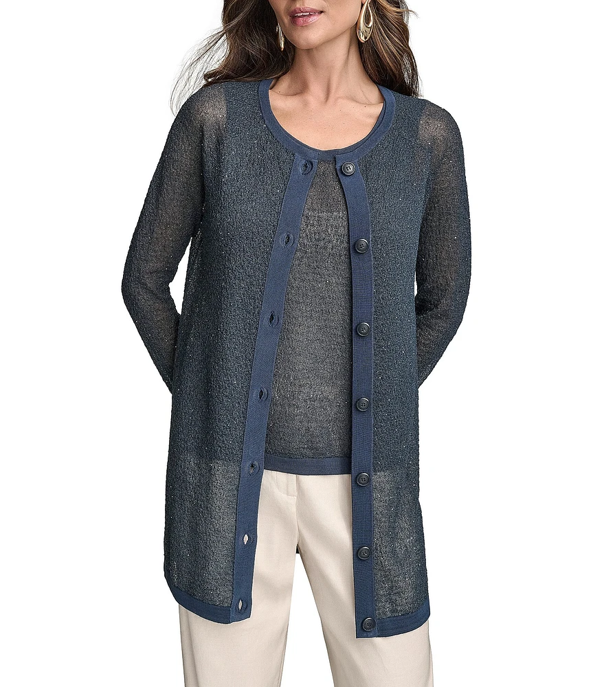Donna Karan Sequined Button Front Long Sleeve Cardigan