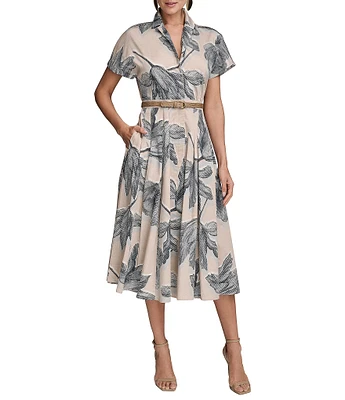 Donna Karan Short Sleeve Belted Button Front Midi Shirt Dress